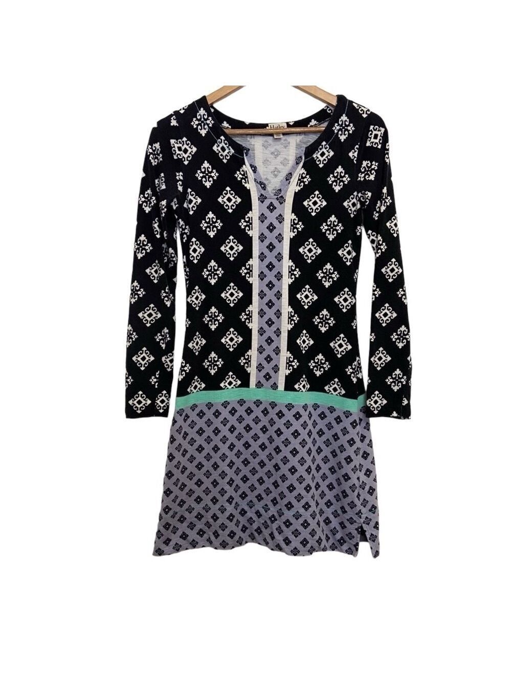 Hatley 100% cotton knit dress v neck black aqua lilac white pattern XS elegant